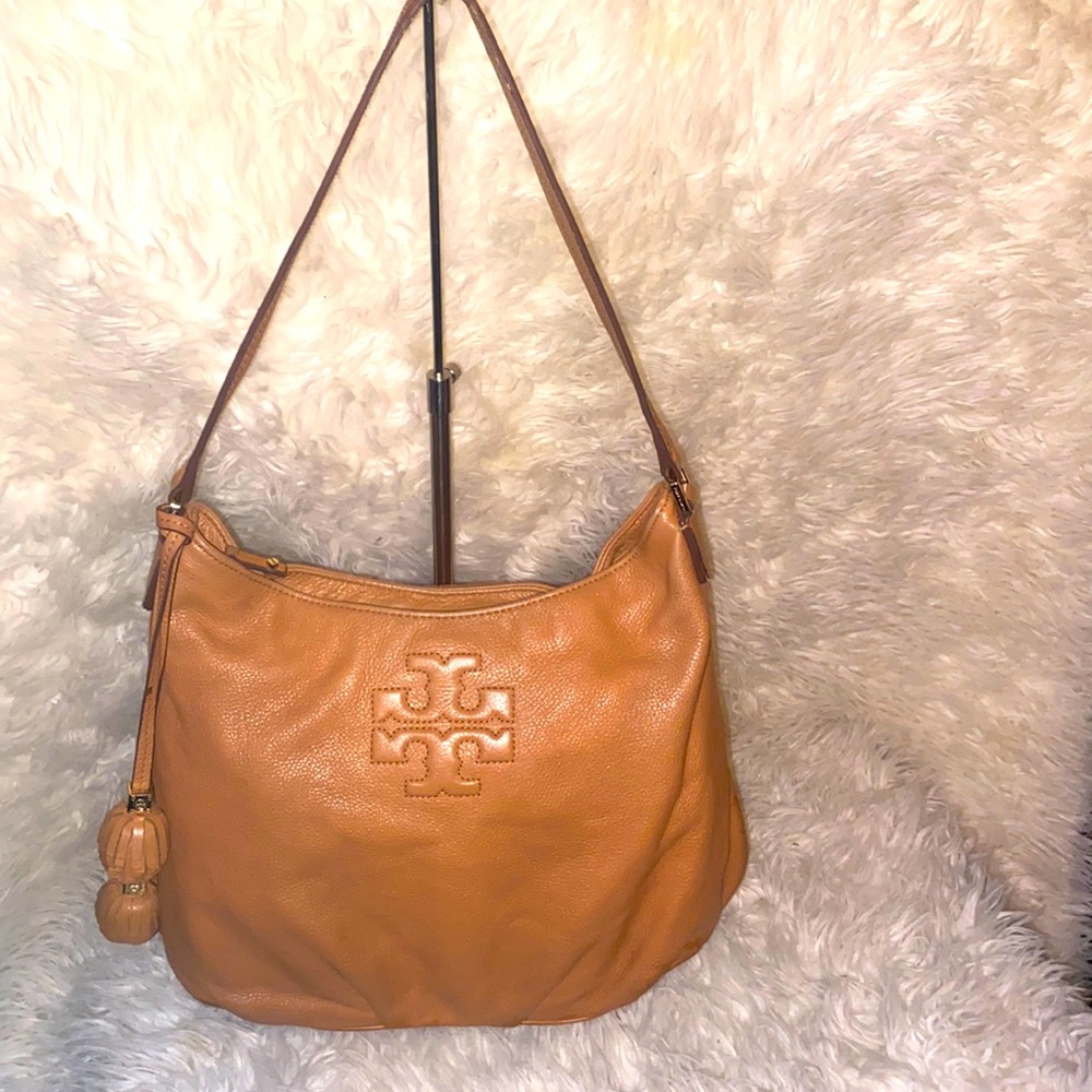 TORY BURCH COGNAC PEBBLED LEATHER HOBO SHOULDER BAG